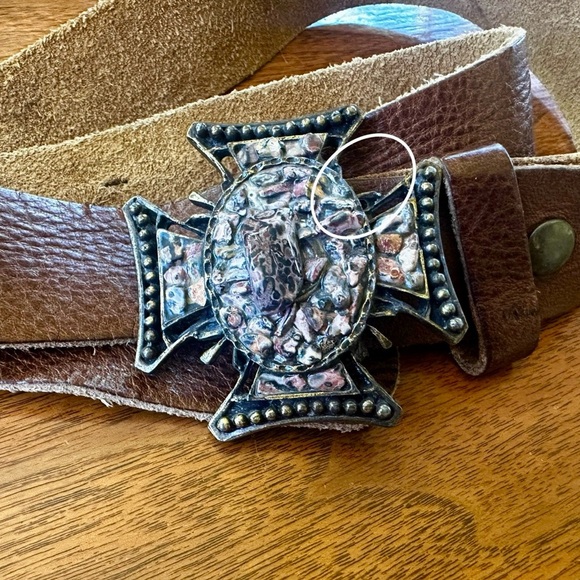 LeatherRock Vintage Brown Leather Belt with Ornate Stone Gothic Cross Buckle 34 - Picture 9 of 9